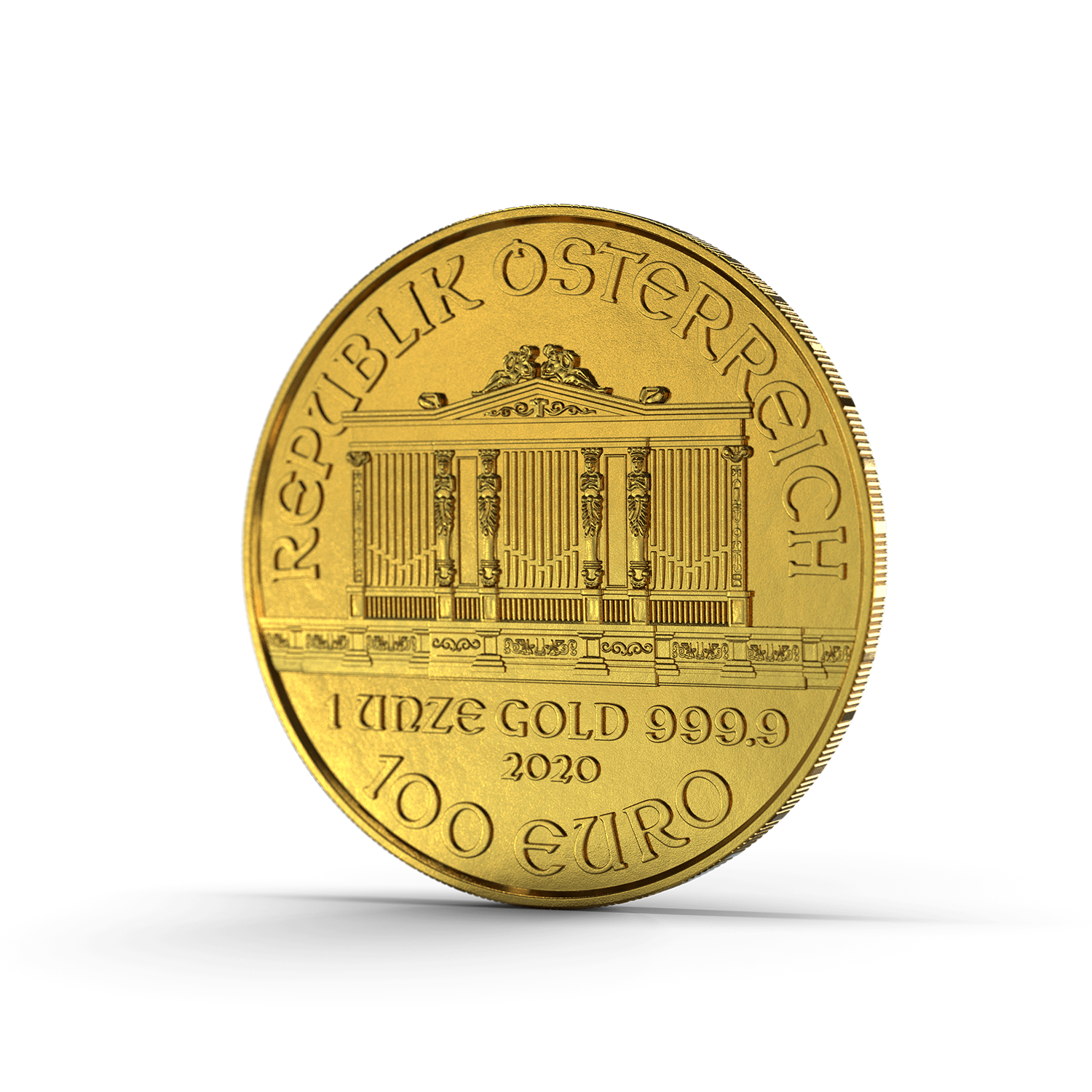 Goldmünze Wiener Philharmoniker kaufen | Golden Gates Die Rückseite der Wiener Philharmoniker Goldmünze, hier ist die Kirchenorgel aus dem goldenen Saal des Wiener Musikvereins abgebildet. In Gold sparen mit den Sparplänen von Golden Gates.
