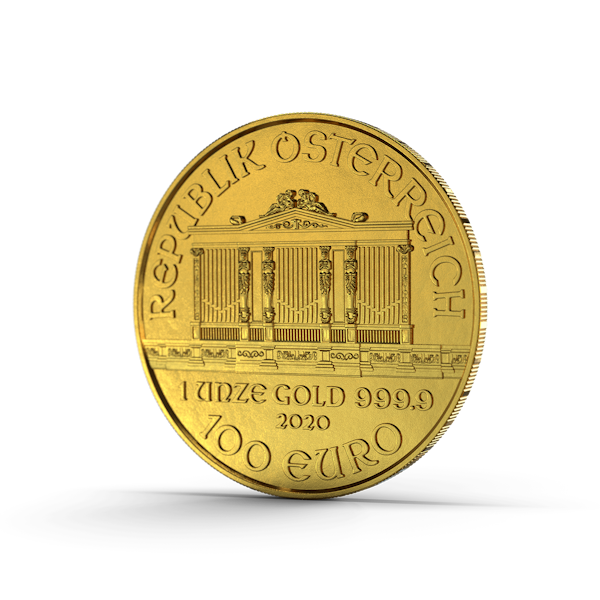 Die Rückseite der Wiener Philharmoniker Goldmünze, hier ist die Kirchenorgel aus dem goldenen Saal des Wiener Musikvereins abgebildet. In Gold sparen mit den Sparplänen von Golden Gates.