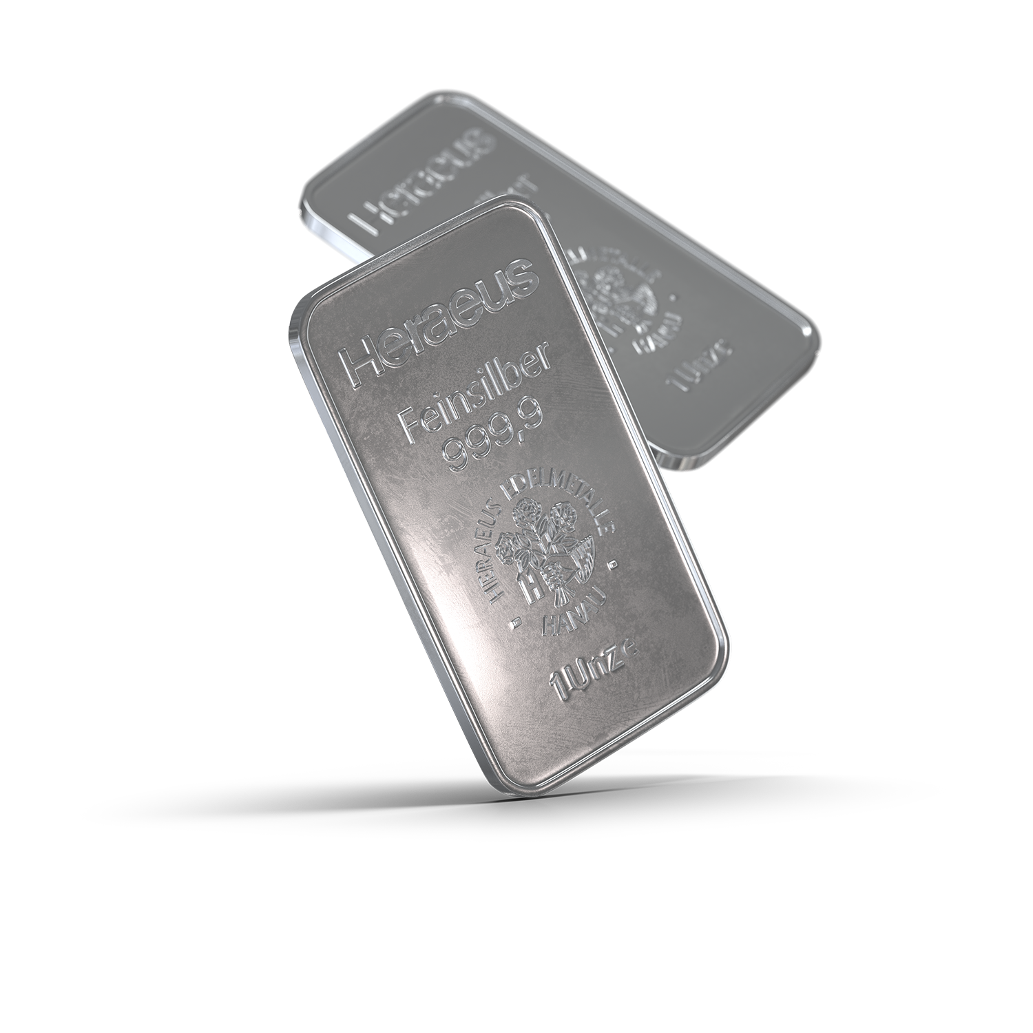 Zwei Silberbarren, der eine schweb leicht schräg hinter den anderen hervor. Sparen Sie jetzt in Silber mit den Sparplänen oder Einmalanlagen von Golden Gates.