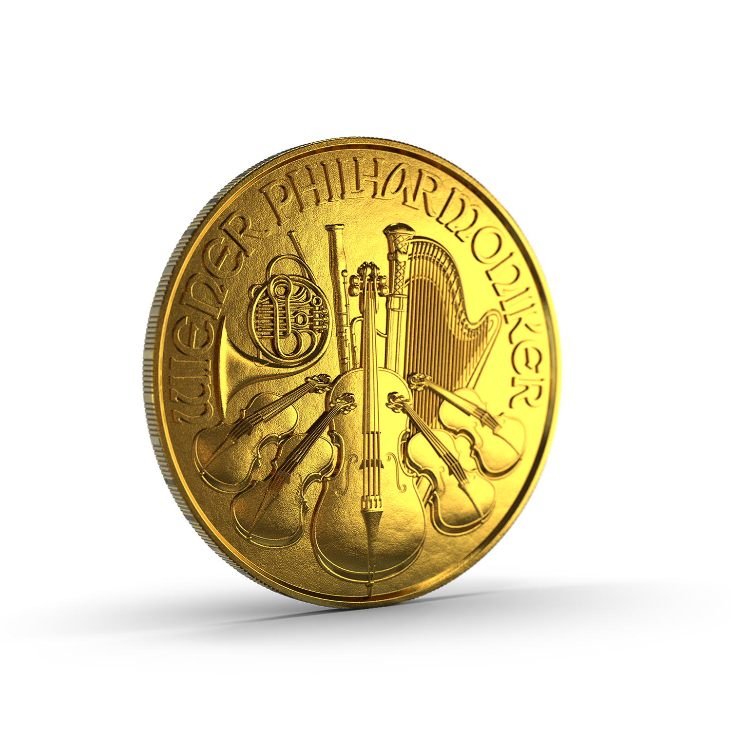 Die Vorderseite der Goldmünze Wiener Philharmoniker, zeigt die imposante Orgel des Wiener Musikvereins.  In Gold sparen mit den Sparplänen von Golden Gates.