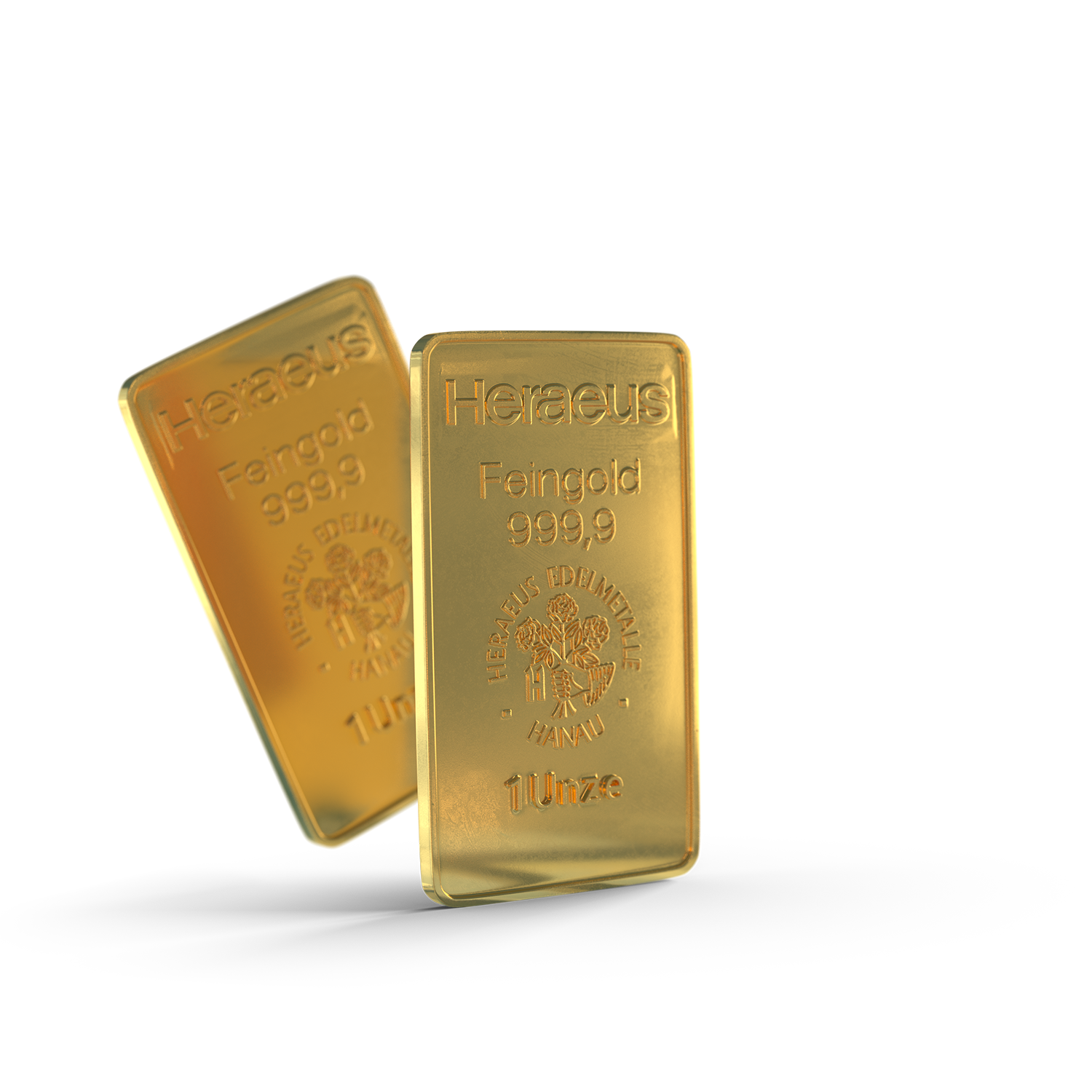 Zwei Goldbarren, der eine schweb leicht schräg hinter den anderen hervor. Sparen Sie jetzt in Gold mit den Sparplänen oder Einmalanlagen von Golden Gates.