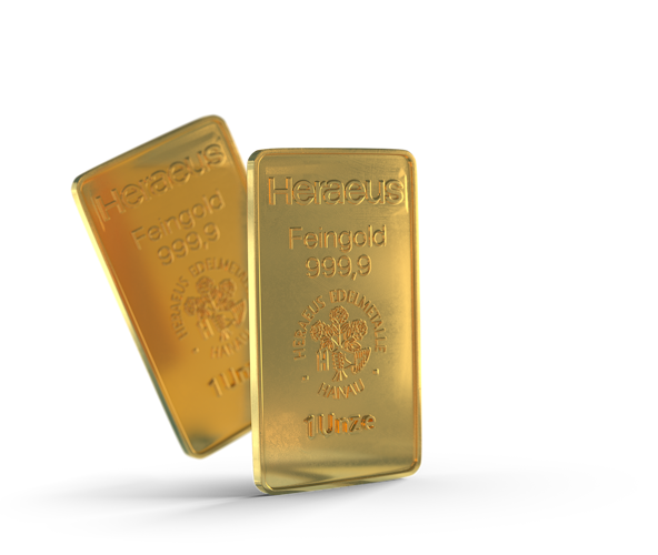 Goldbarren sicher kaufen | Golden Gates Zwei Goldbarren, der eine schweb leicht schräg hinter den anderen hervor. Sparen Sie jetzt in Gold mit den Sparplänen oder Einmalanlagen von Golden Gates.
