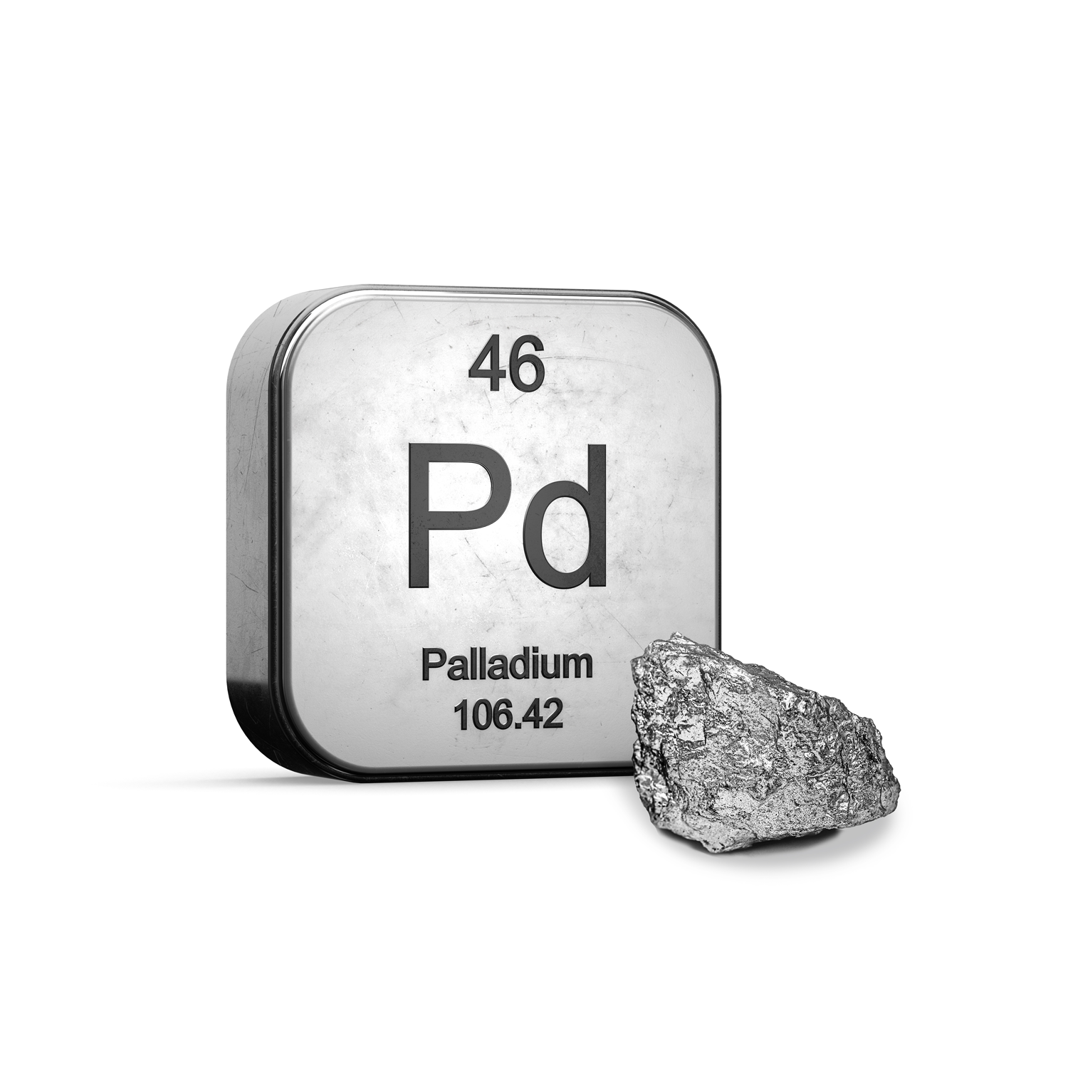 Neben dem Rohmetall ist die Abkürzung Pd und die Ordnungszahl 46 abgebildet. Palladium als Wertanlage und Vermögensschutz entdecken, mit dem Simple-Sparplan von Golden Gates.