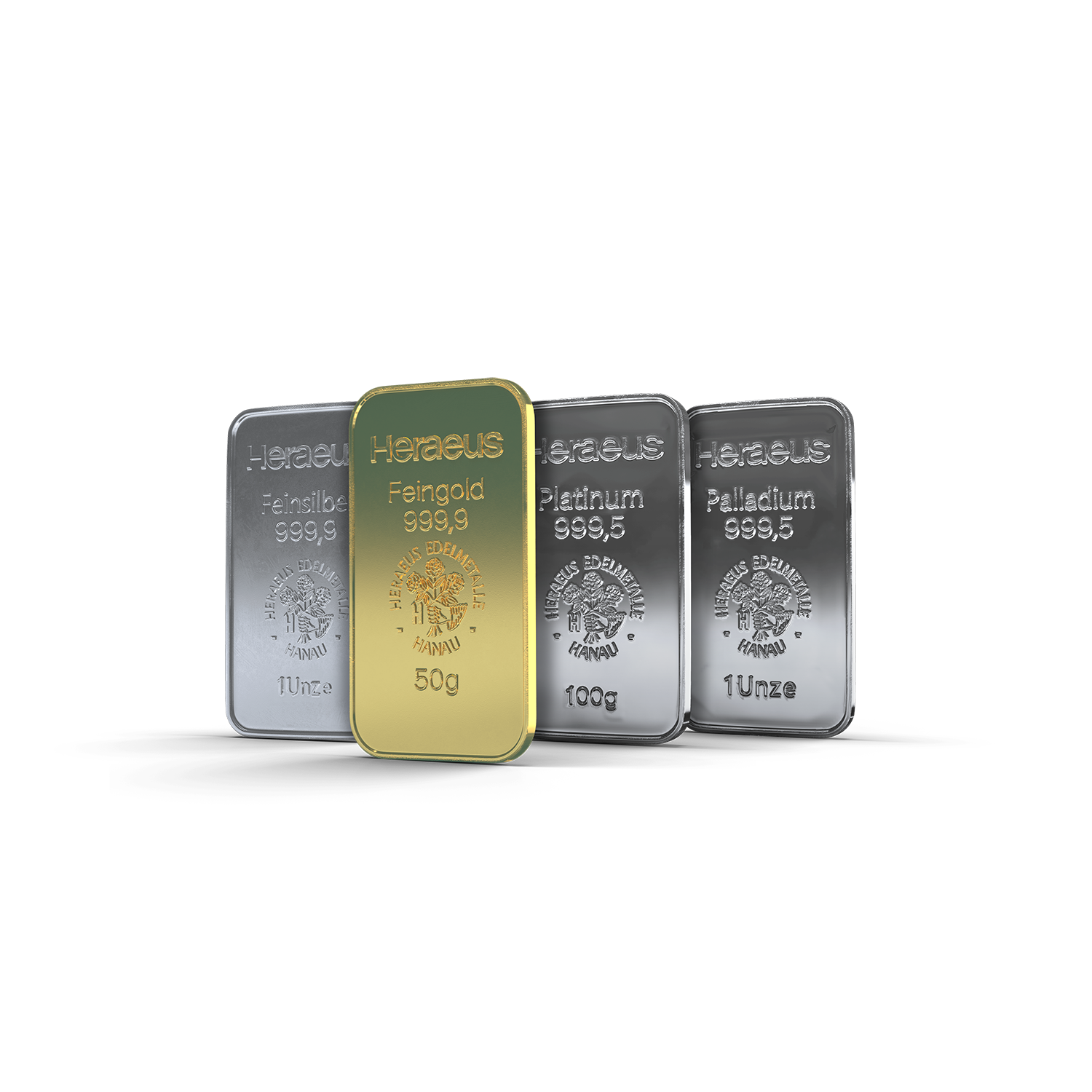 Edelmetallbarren aus Silber, Gold, Platin und Palladium, nebeneinander abgebildet. Investieren Sie in diese Edelmetalle mit dem Golden Gates Simple Sparplan.