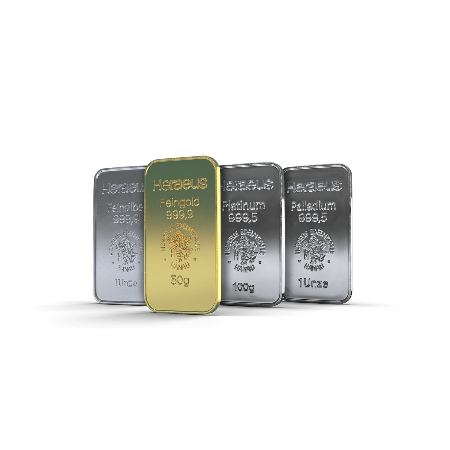 Edelmetallbarren, Anlagebarren: Gold, Silber, Platin, Palladium | Golden Gates Edelmetallbarren aus Silber, Gold, Platin und Palladium, nebeneinander abgebildet. Investieren Sie in diese Edelmetalle mit dem Golden Gates Simple Sparplan.