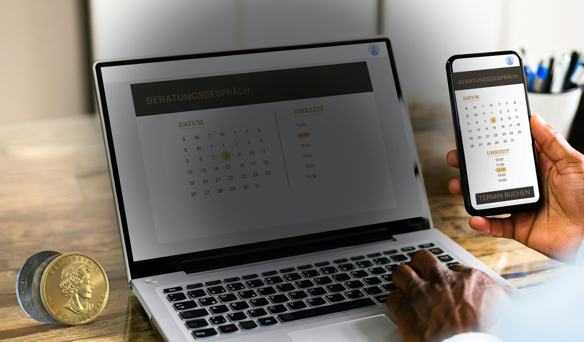 Jetzt Online-Beratungstermin vereinbaren | Golden Gates Auf einem Laptop- und einem Handydisplay ist der Kalender zur Terminvereinbarung zu sehen, für ein persönliches Gespräch mit unseren Edelmetall-Experten.