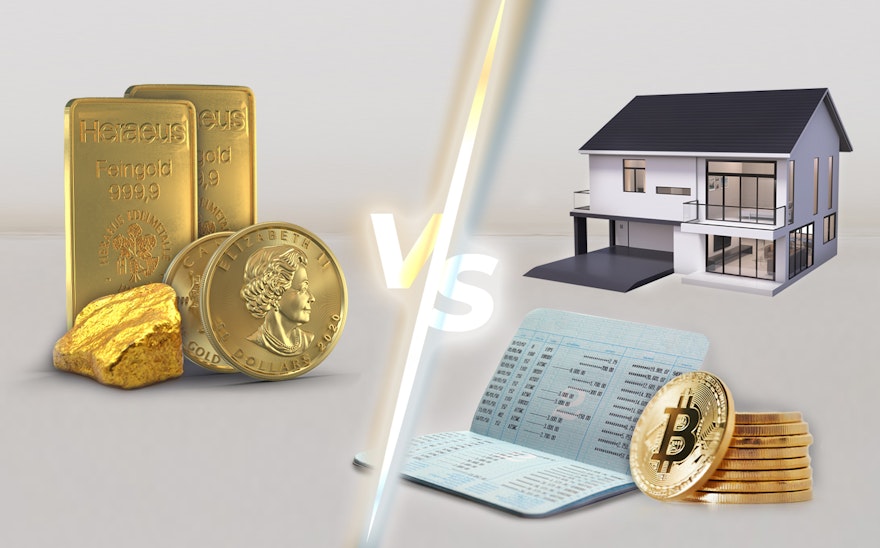 Auf der linken Seite stehen zwei Goldbarren, zwei Goldmünzen und ein goldenes Nugget. Auf der rechten Seite liegt ein Sparbuch an welchem Bitcoins lehnen, darüber ist ein Einfamilienhaus abgebildet. Edelmetalle sind eine sichere Wertanlage. Sparen auch Sie in Edelmetalle mit Golden Gates.