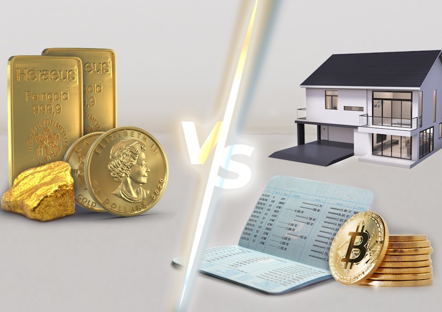 Geldanlagenvergleich | Golden Gates Auf der linken Seite stehen zwei Goldbarren, zwei Goldmünzen und ein goldenes Nugget. Auf der rechten Seite liegt ein Sparbuch an welchem Bitcoins lehnen, darüber ist ein Einfamilienhaus abgebildet. Edelmetalle sind eine sichere Wertanlage. Sparen auch Sie in Edelmetalle mit Golden Gates.