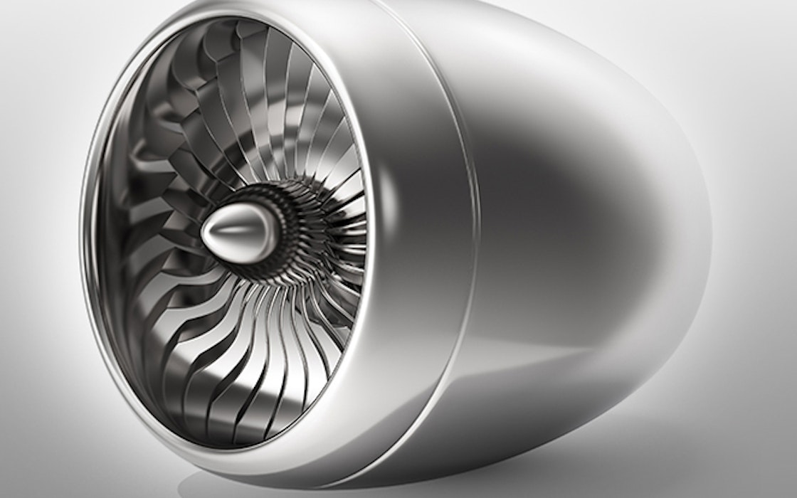 Eine graue Flugzeugturbine. In Technologiemetalle können Sie sicher und einfach, sparen, mit den Sparplänen von Golden Gates.