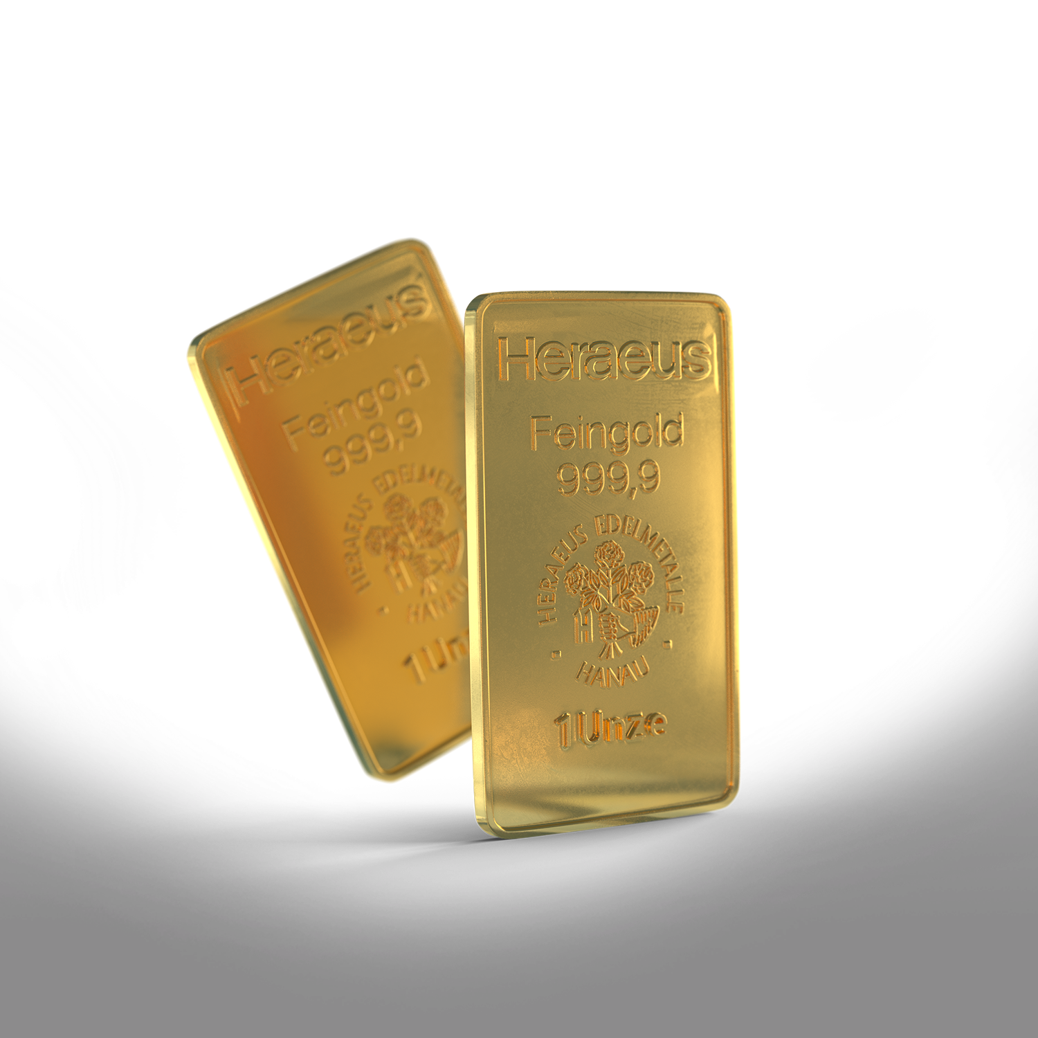 Goldbarren sicher kaufen | Golden Gates Zwei Goldbarren, der eine schweb leicht schräg hinter den anderen hervor. Sparen Sie jetzt in Gold mit den Sparplänen oder Einmalanlagen von Golden Gates.