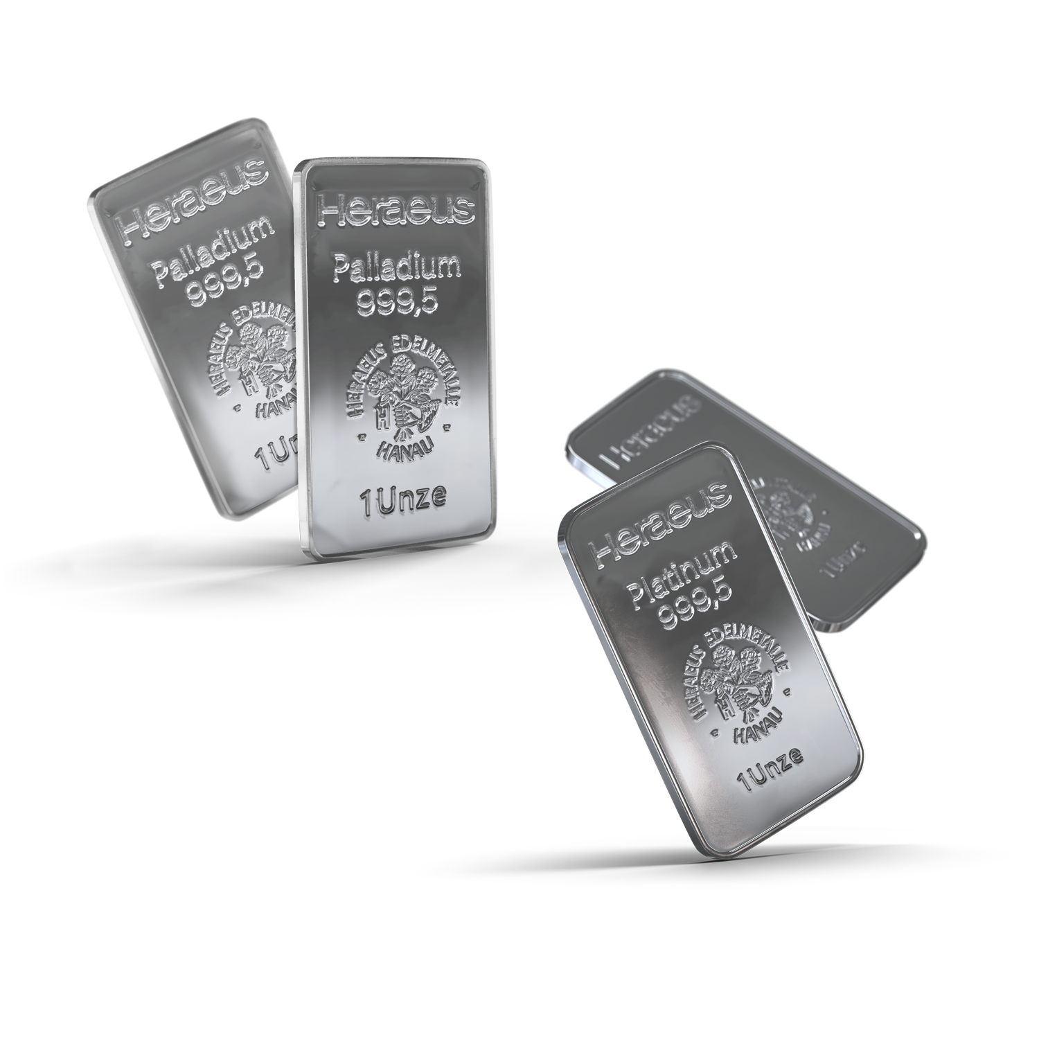 Je zwei Barren, wobei einer leicht schräg hinter dem anderen hervor steht. Die Weißmetalle Platin und Palladium in einem Sparplan vereint.