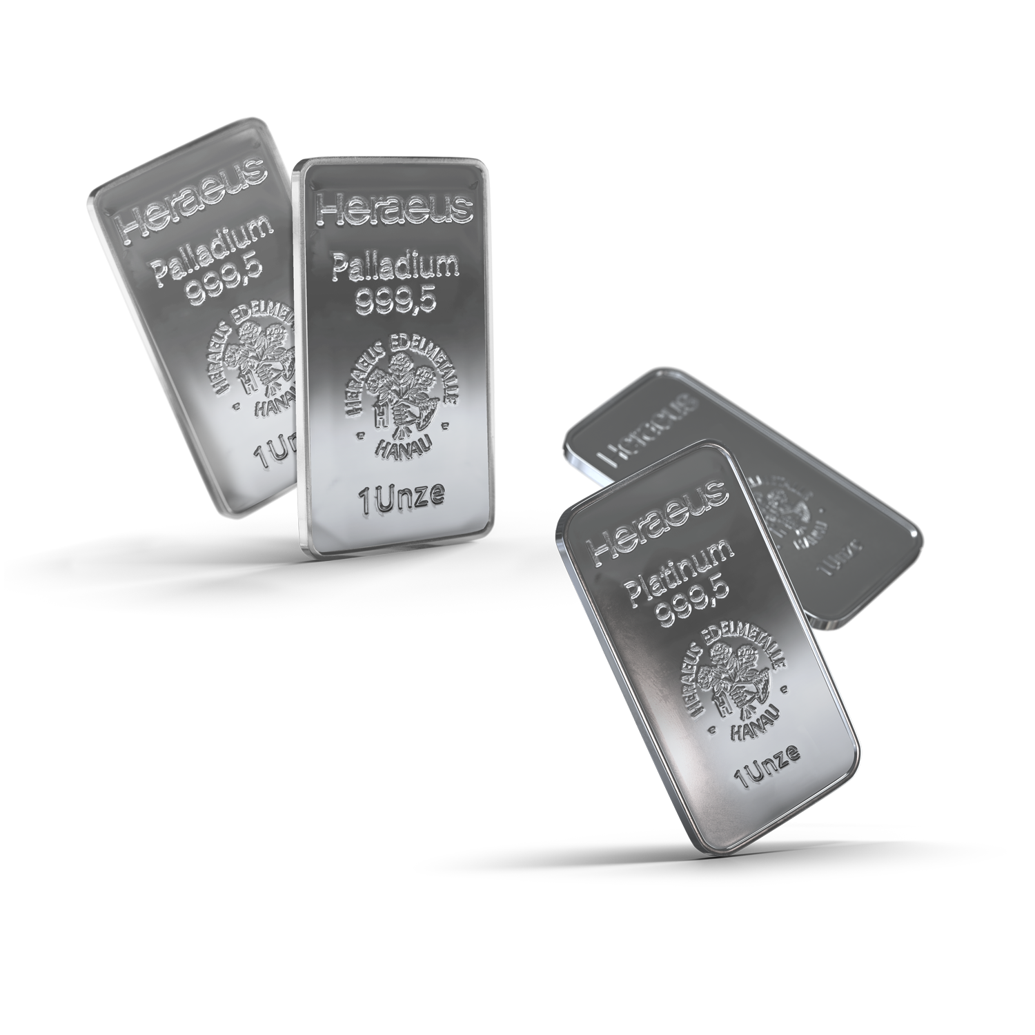Platin und Palladium als Wertanlage | Golden Gates Je zwei Barren, wobei einer leicht schräg hinter dem anderen hervor steht. Die Weißmetalle Platin und Palladium in einem Sparplan vereint.