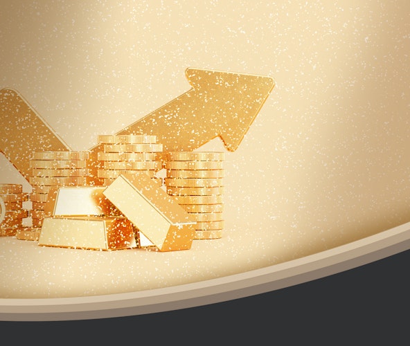 Vor einem golden-glitzernden Hintergrund liegen Goldmünzen und Goldbarren. Gold ist eine sichere Wertanlage, sparen auch Sie in Gold mit den Sparplänen von Golden Gates.
