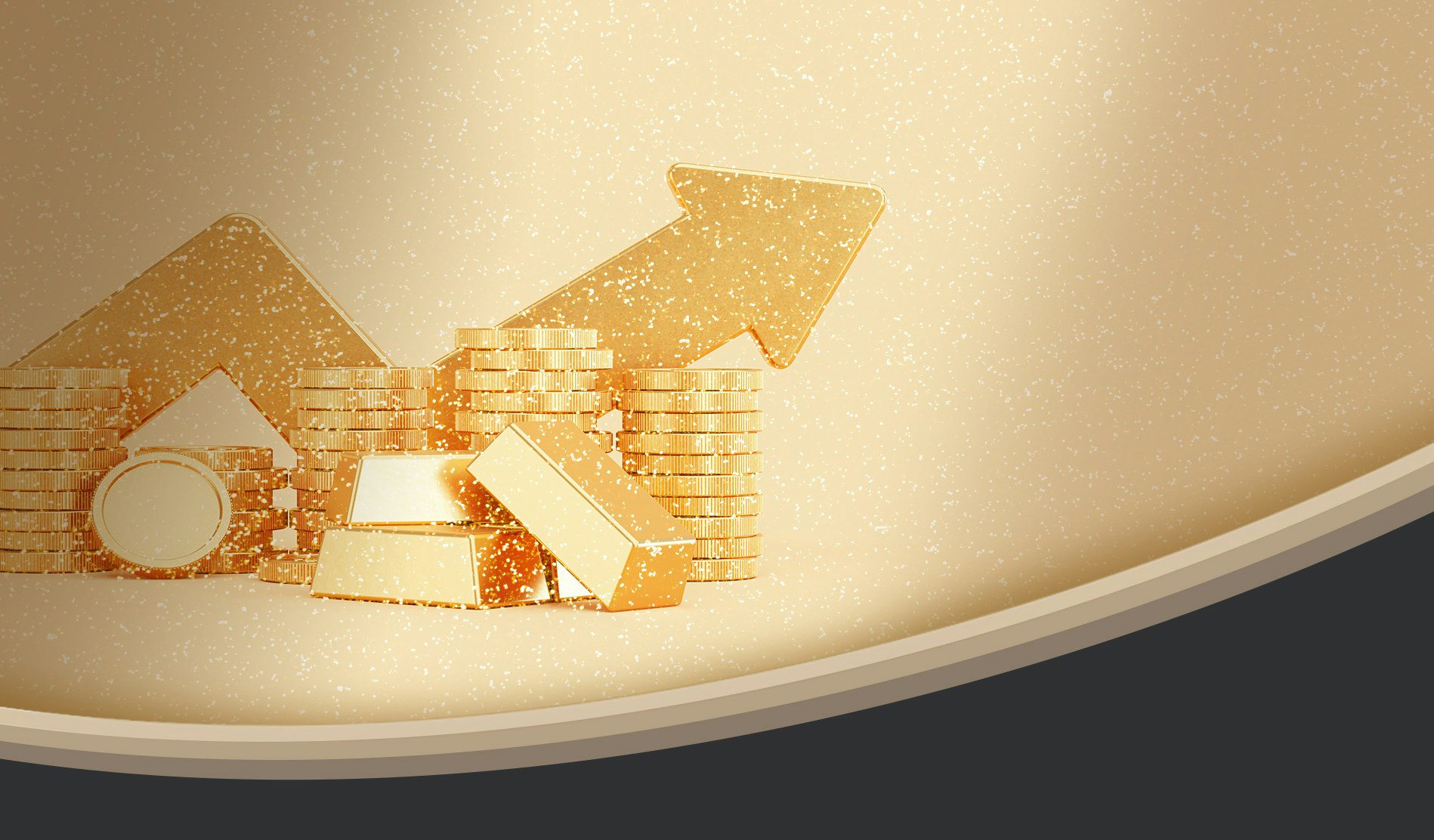 Vor einem golden-glitzernden Hintergrund liegen Goldmünzen und Goldbarren. Gold ist eine sichere Wertanlage, sparen auch Sie in Gold mit den Sparplänen von Golden Gates.