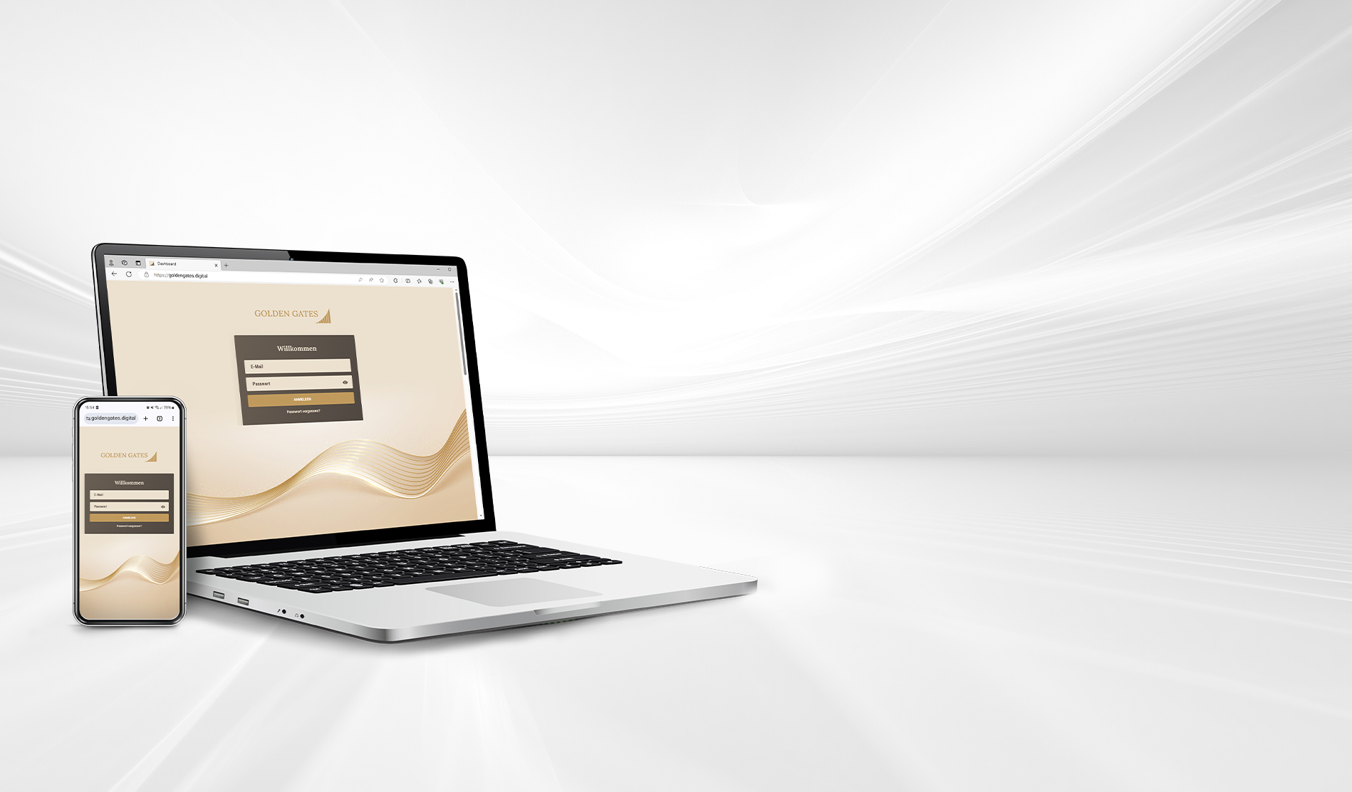 Darstellung des Logins der Golden Gates App auf Laptop- und Handydisplay. Das Handy ist an den Laptop gelehnt. Der Login Bereich ist  golden, das Eingabefeld ist braun hinterlegt, darüber ist das Golden Gates Logo zu sehen.