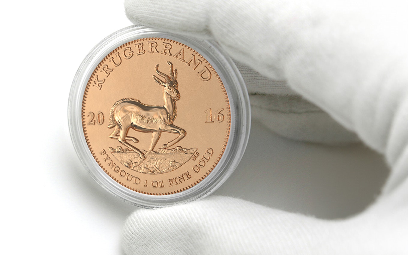 Die Rückseite der Krügerrand Goldmünze, hier ist das Nationaltier von Südafrika, eine Springbock-Antilope, abgebildet. In Gold sparen mit Golden Gates.