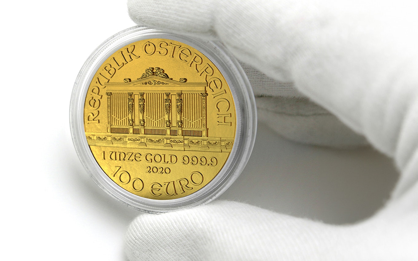 Die Rückseite der Wiener Philharmoniker Goldmünze, hier ist die Kirchenorgel aus dem goldenen Saal des Wiener Musikvereins abgebildet. In Gold sparen mit den Sparplänen von Golden Gates.