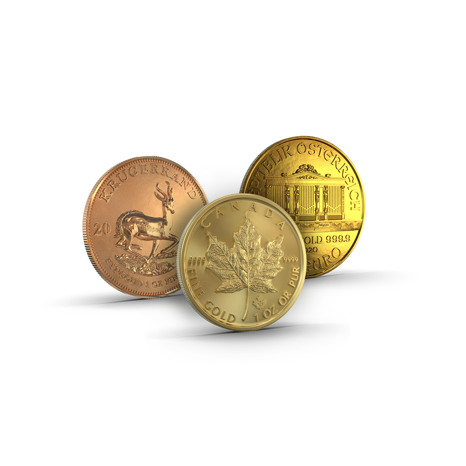Drei hintereinander aufgereihte Goldmünzen (Krügerrand, Wiener Philharmoniker, Maple Leaf,). Mit den Golden Gates  Sparplänen können auch Sie Ihr Geld richtig anlegen und Edelmetalle ansparen.