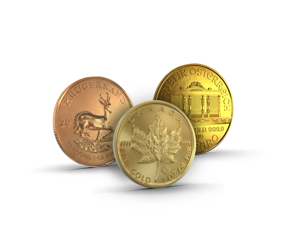 Drei hintereinander aufgereihte Goldmünzen (Krügerrand, Wiener Philharmoniker, Maple Leaf,). Mit den Golden Gates Sparplänen können auch Sie Ihr Geld richtig anlegen und Edelmetalle ansparen.
