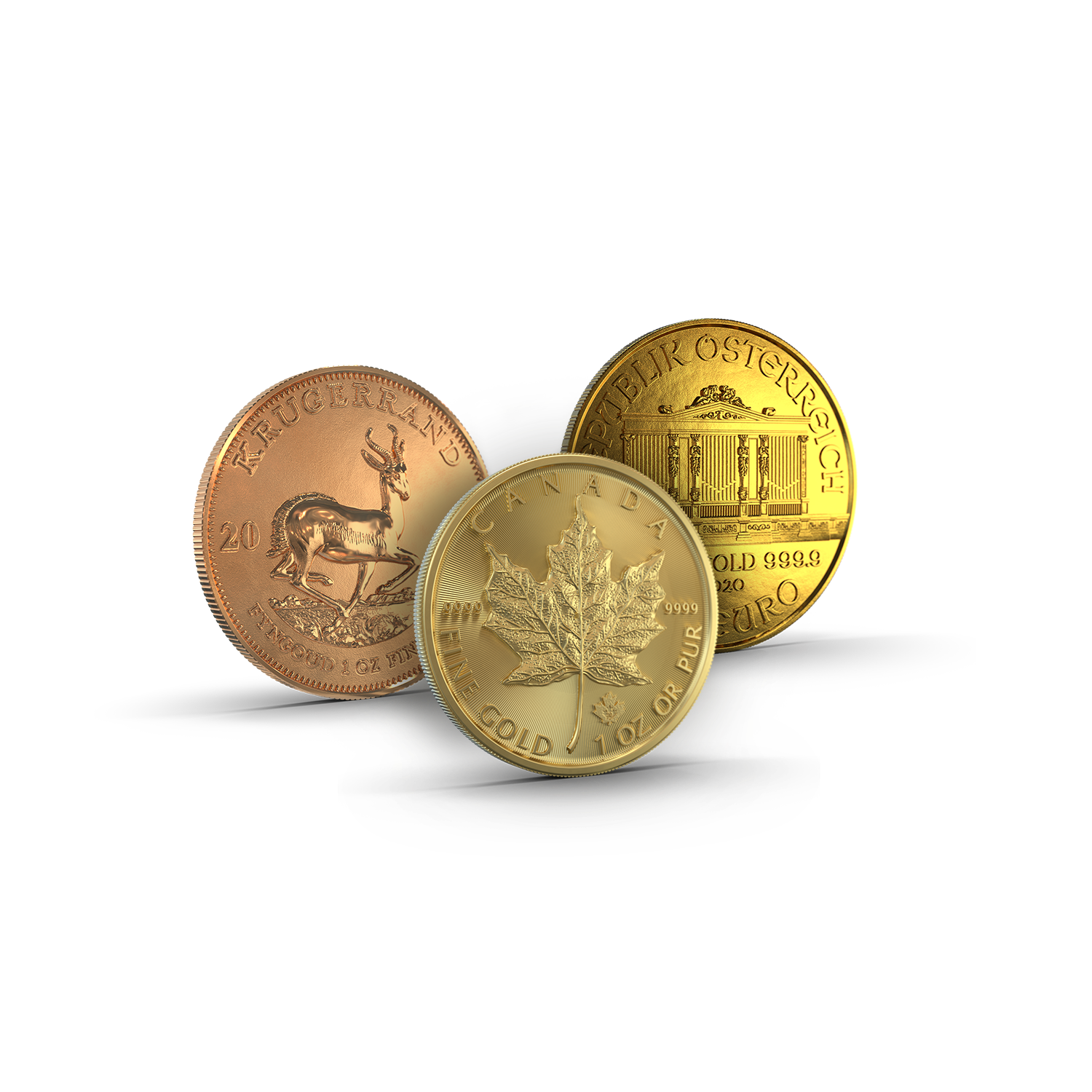 Drei hintereinander aufgereihte Goldmünzen (Krügerrand, Wiener Philharmoniker, Maple Leaf,). Mit den Golden Gates Sparplänen können auch Sie Ihr Geld richtig anlegen und Edelmetalle ansparen.