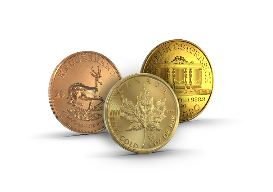 Drei hintereinander aufgereihte Goldmünzen (Krügerrand, Wiener Philharmoniker, Maple Leaf,). Mit den Golden Gates Sparplänen können auch Sie Ihr Geld richtig anlegen und Edelmetalle ansparen.