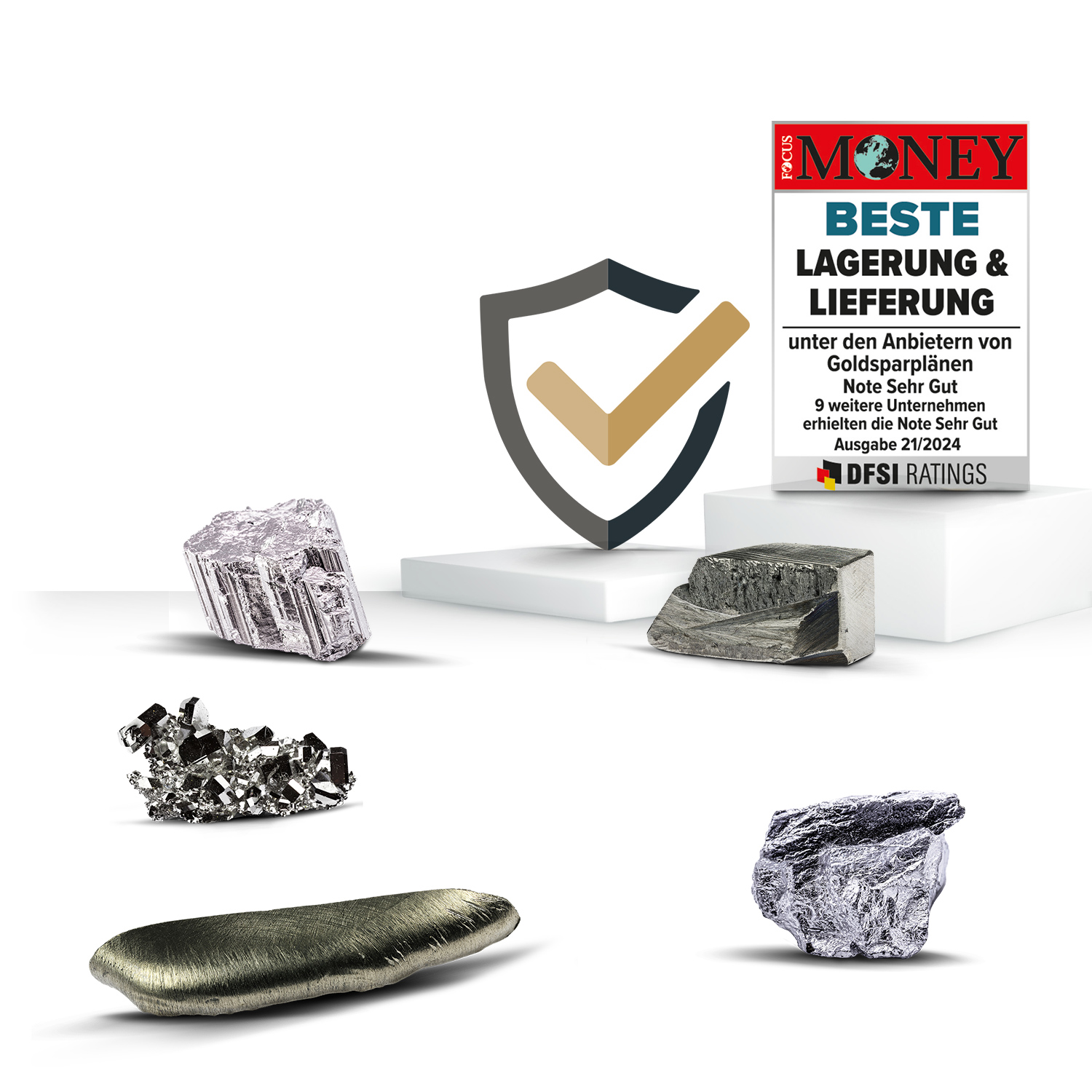 Im Vordergrund sind die Selten Erdmetalle abgebildet. Dahinter steht, auf einem Podest die Auszeichnung von Focus Money für Beste Lagerung & Lieferung. Sparen auch Sie in Anlagemetalle mit Golden Gates.
