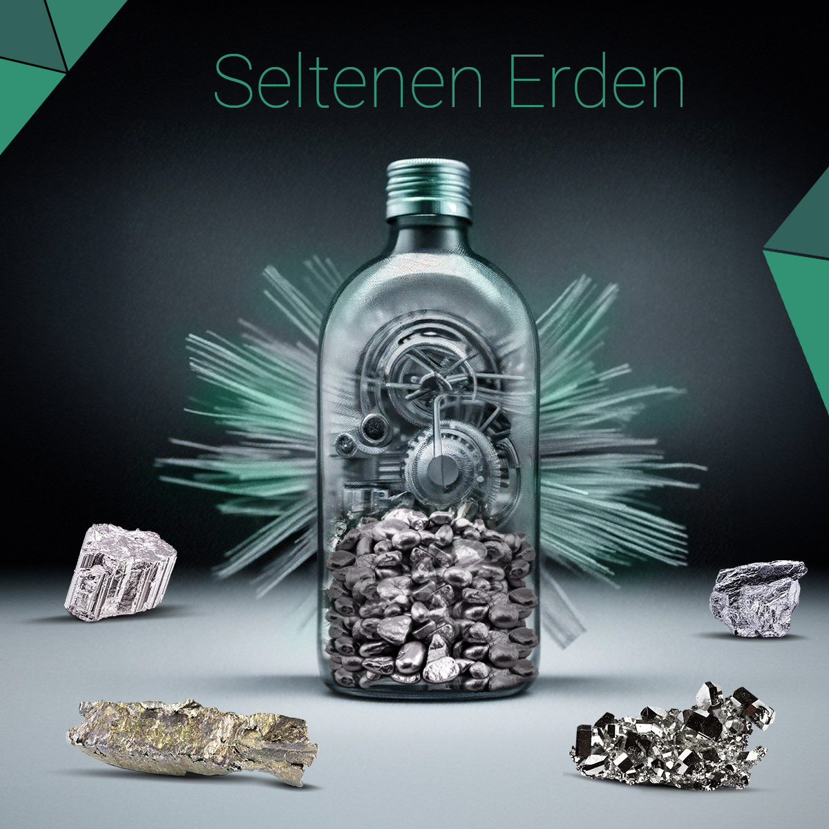 Vor einem dunklen Hintergrund auf einem hellen Untergrund steht eine Flasche mit Seltenen Erden und Zahnrädern. Von dem Glas gehen grüne und graue Kabel ab. Rings um die Flasche sind die vier Seltenen Erden aus dem Green Economy Sparplan aufgestellt.