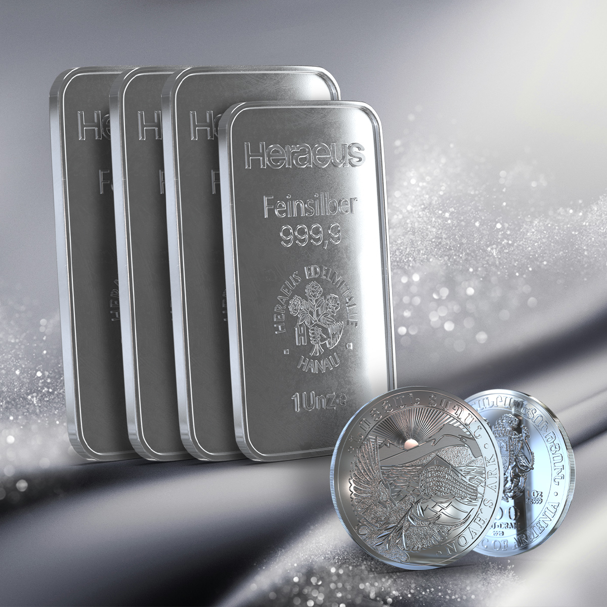 Vor einem silbern glitzernden Hintergrund sind vier Silberbarren  und davor eine Arche Noah Silbermünze von beiden Seiten zu sehen. In Silber im Sparplan oder als Einmalanlage investieren, bei Golden Gates.