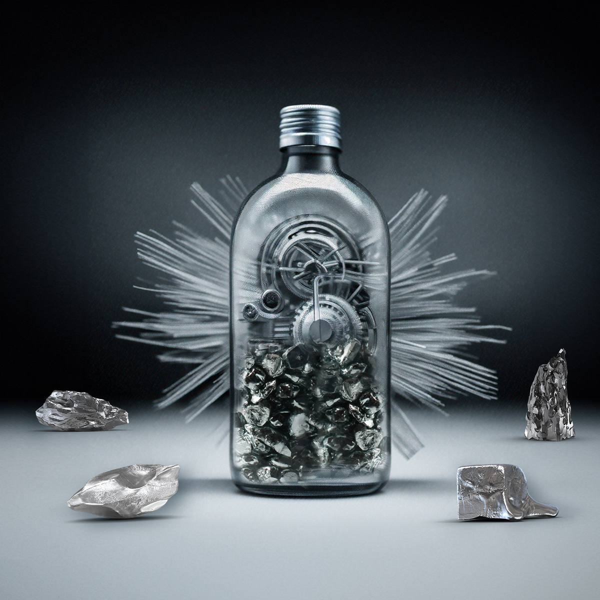 Vor einem dunklen Hintergrund auf einem hellen Untergrund steht eine Flasche mit Technologiemetallen und Zahnrädern. Von dem Glas gehen graue Kabel ab. Rings um die Flasche sind die vier Technologiemetalle aus dem Simple Sparplan aufgestellt.