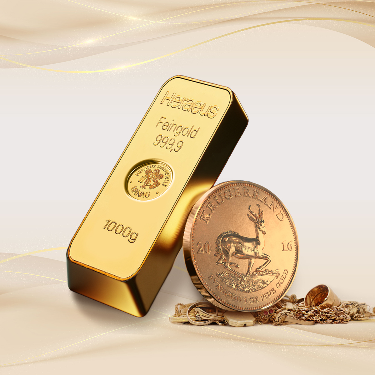 Vor einem hellen Hintergrund stehen ein Goldbarren und eine Krügerrand Goldmünze. Edelmetall-Sparpläne von Golden Gates.