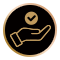 In einem schwarzen Kreis ist eine goldene Hand welche ein goldenes Häkchen hält.