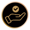 In einem schwarzen Kreis ist eine goldene Hand welche ein goldenes Häkchen hält.