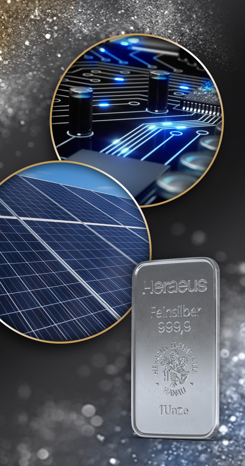 Auf einem silbern, glänzenden Hintergrund sind Solarpaneele, eine Festplatte und ein Silberbarren abgebildet. Silber wird überall gefragt. Profitieren auch Sie von der Wertsteigerung des Silbers und sparen Sie in Silber mit den Golden Gates Sparplänen.