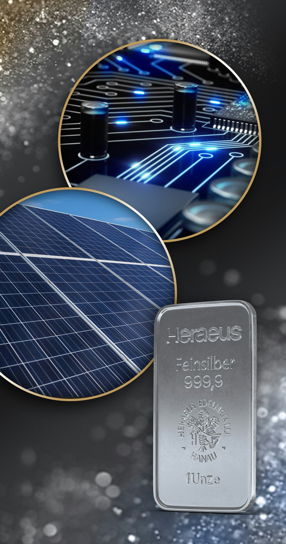 Auf einem silbern, glänzenden Hintergrund sind Solarpaneele, eine Festplatte und ein Silberbarren abgebildet. Silber wird überall gefragt. Profitieren auch Sie von der Wertsteigerung des Silbers und sparen Sie in Silber mit den Golden Gates Sparplänen.