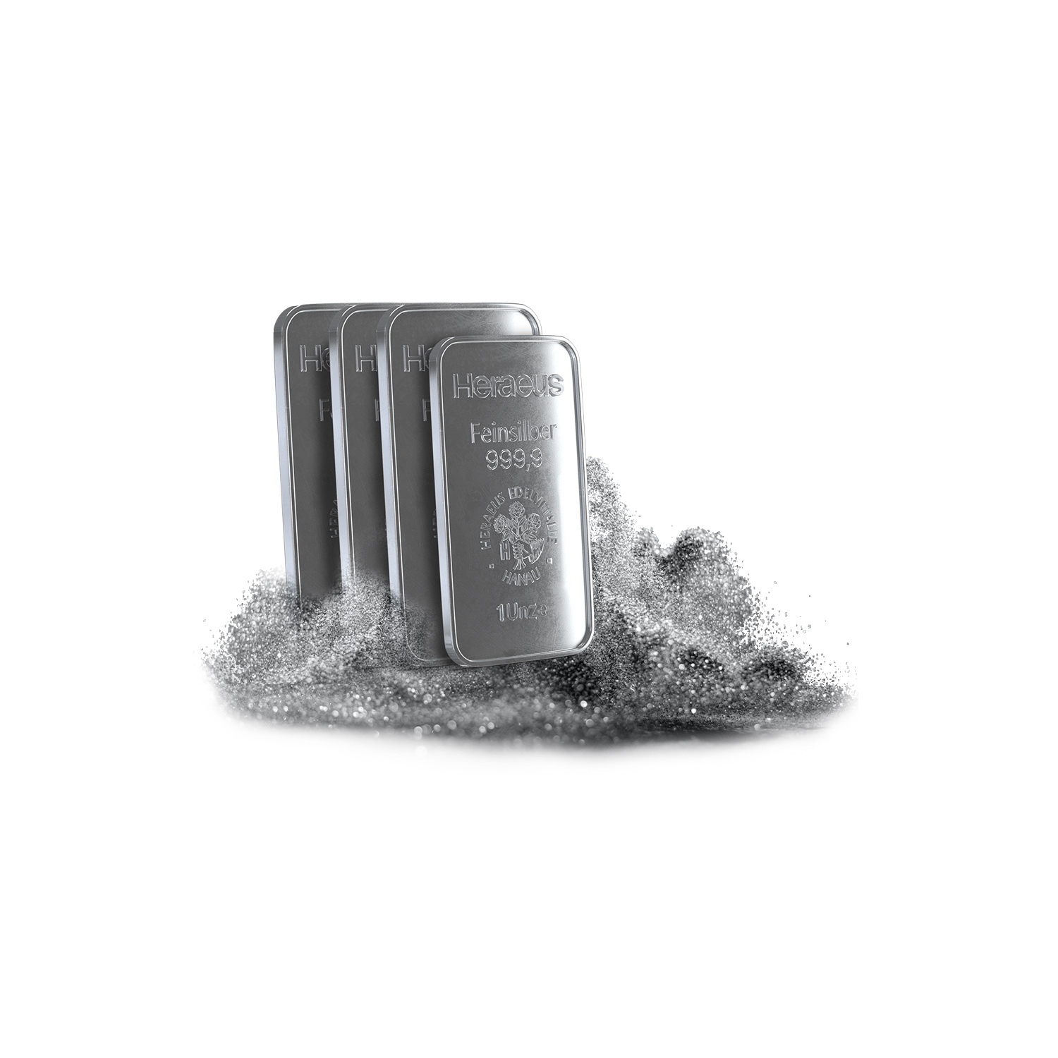 Vier Silberbarren, welche in Silberstaub stehen. Sparen auch Sie in Silber mit dem Simple-Sparplan von Golden Gates.