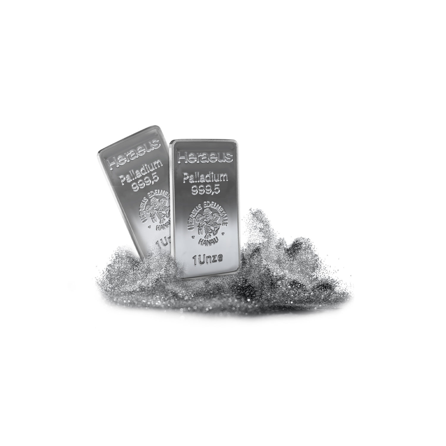 Zwei in Silberstaub stehende Palladiumbarren. Sparen auch Sie in Palladium und Platin mit dem Golden Gates Simple-Sparplan.