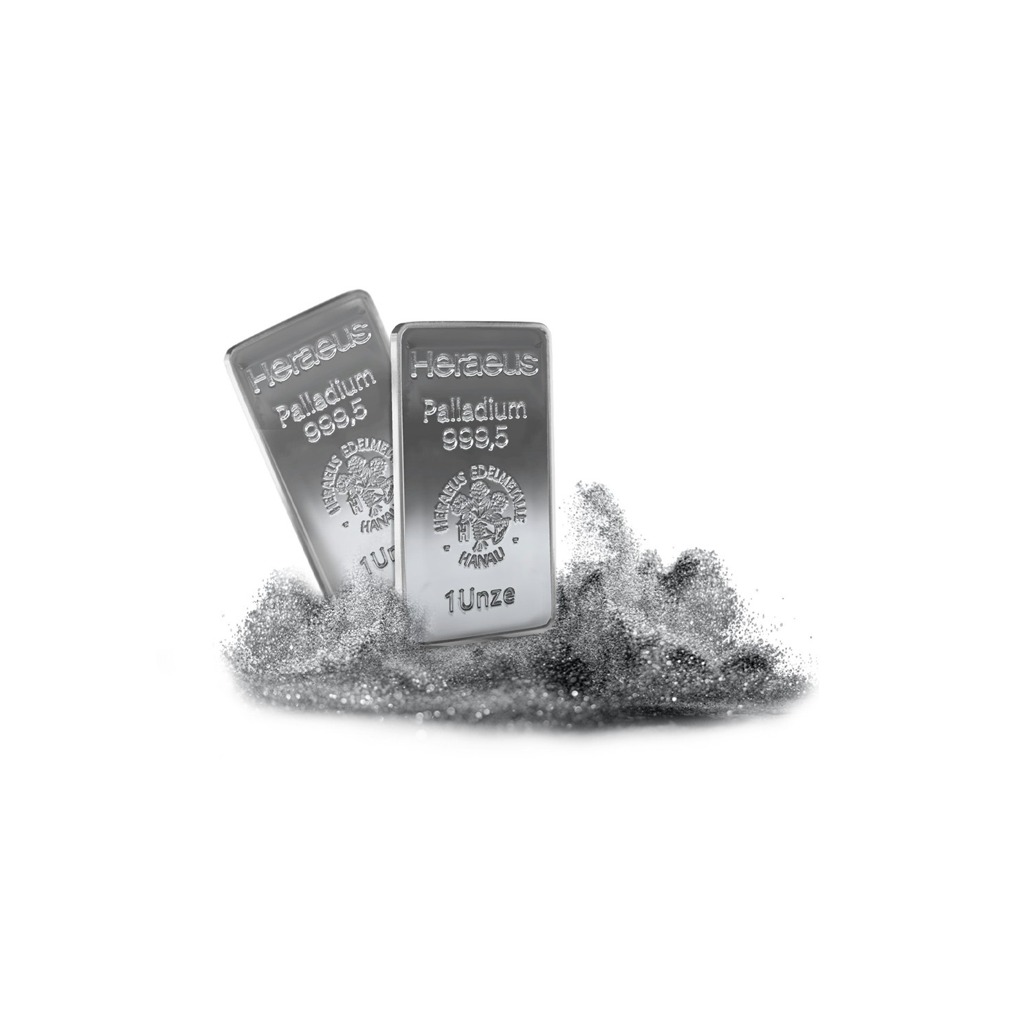 Zwei in Silberstaub stehende Palladiumbarren. Sparen auch Sie in Palladium und Platin mit dem Golden Gates Simple-Sparplan.