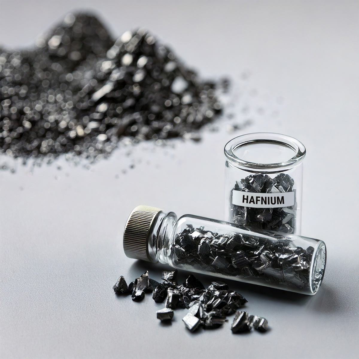 Neben einer kleinen Flasche mit Hafnium ist ein Reagenzglas auf gestellt. Im Hintergrund sieht man kleine Haufen mit fein gemahlenem Metall. Anerkannter Edelmetallhändler Golden Gates.