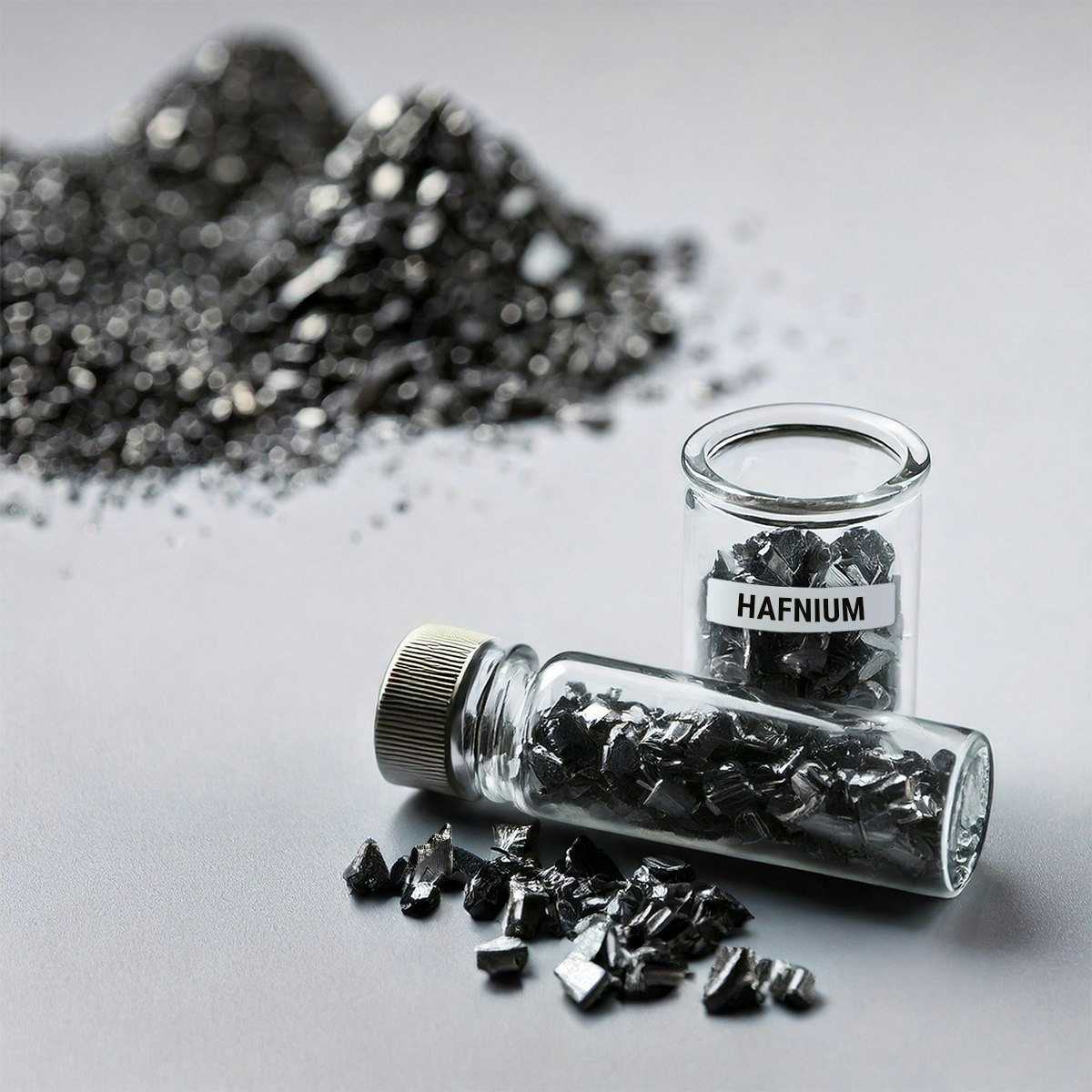 Neben einer kleinen Flasche mit Hafnium ist ein Reagenzglas auf gestellt. Im Hintergrund sieht man kleine Haufen mit fein gemahlenem Metall. Anerkannter Edelmetallhändler Golden Gates.