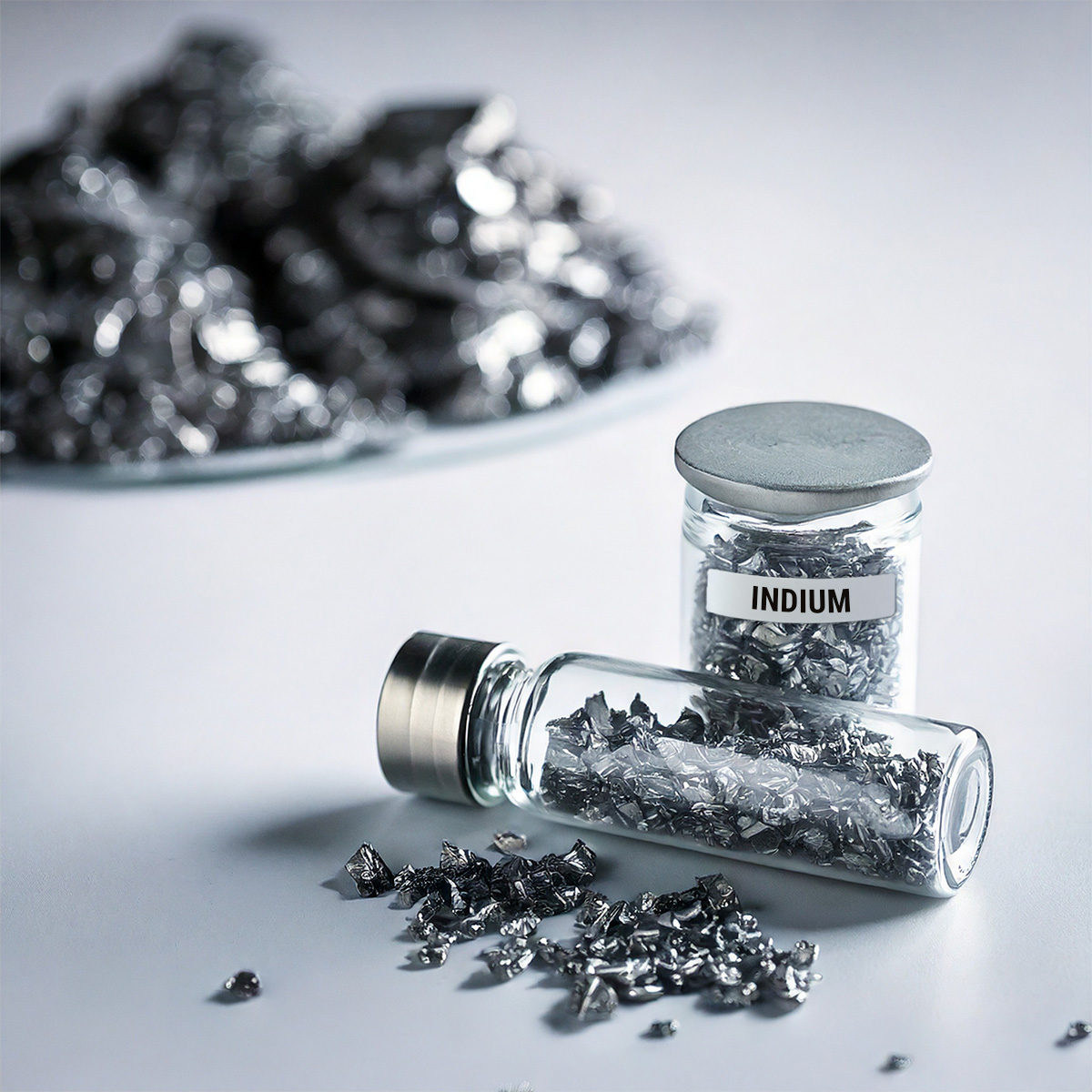 Neben einer kleinen Flasche mit Indium ist ein Reagenzglas auf gestellt. Im Hintergrund sieht man kleine Haufen mit fein gemahlenem Metall. Anerkannter Edelmetallhändler Golden Gates.
