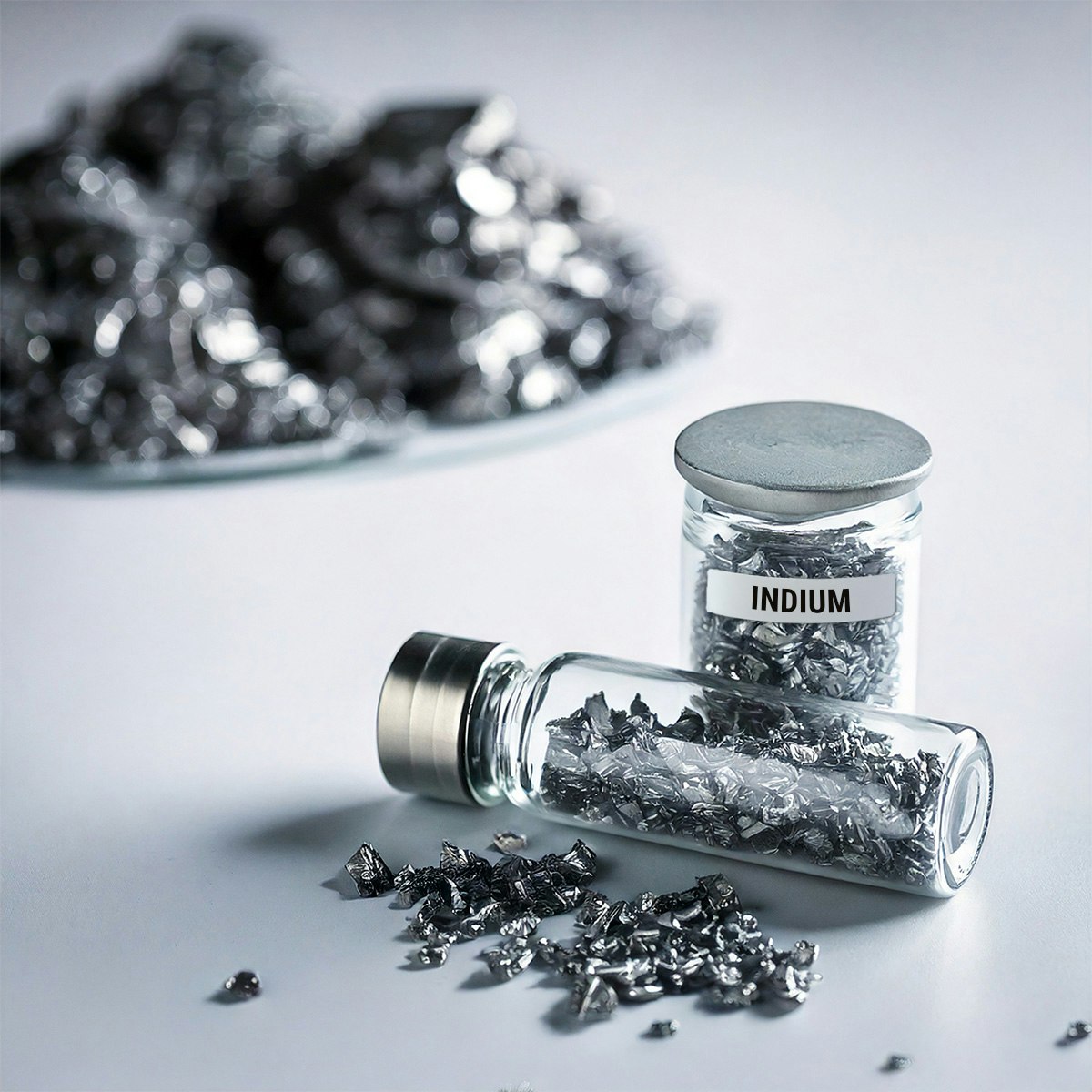 Neben einer kleinen Flasche mit Indium ist ein Reagenzglas auf gestellt. Im Hintergrund sieht man kleine Haufen mit fein gemahlenem Metall. Anerkannter Edelmetallhändler Golden Gates.