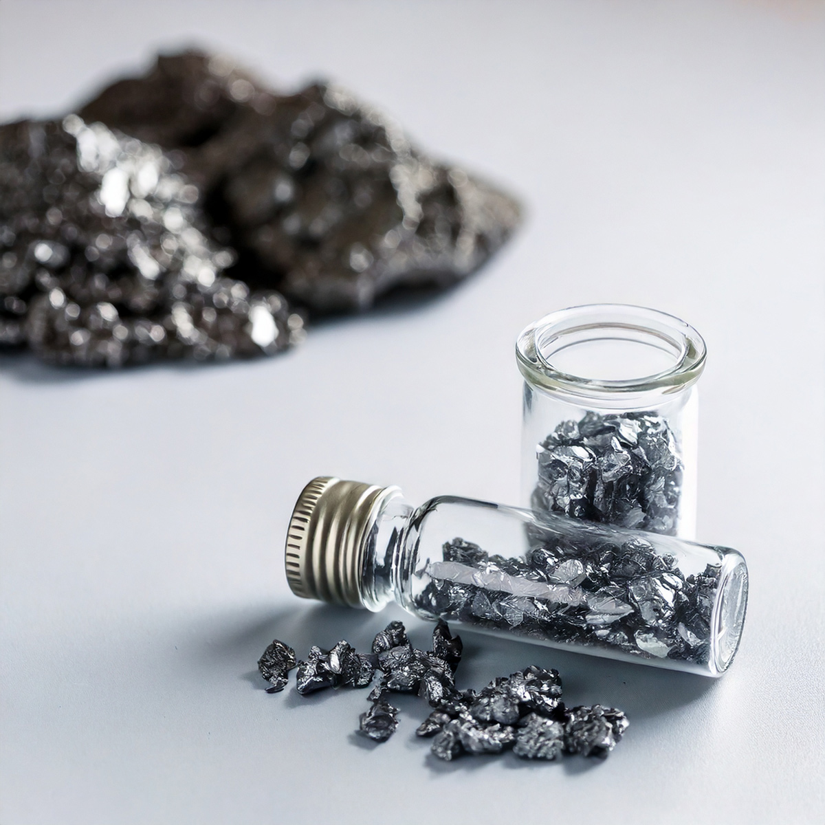 Neben einer kleinen Flasche mit Technologiemetallen ist ein Reagenzglas auf gestellt. Im Hintergrund sieht man kleine Haufen mit fein gemahlenem Technologiemetall. Sparen Sie in Technologiemetalle mit den Sparplänen von Golden Gates.