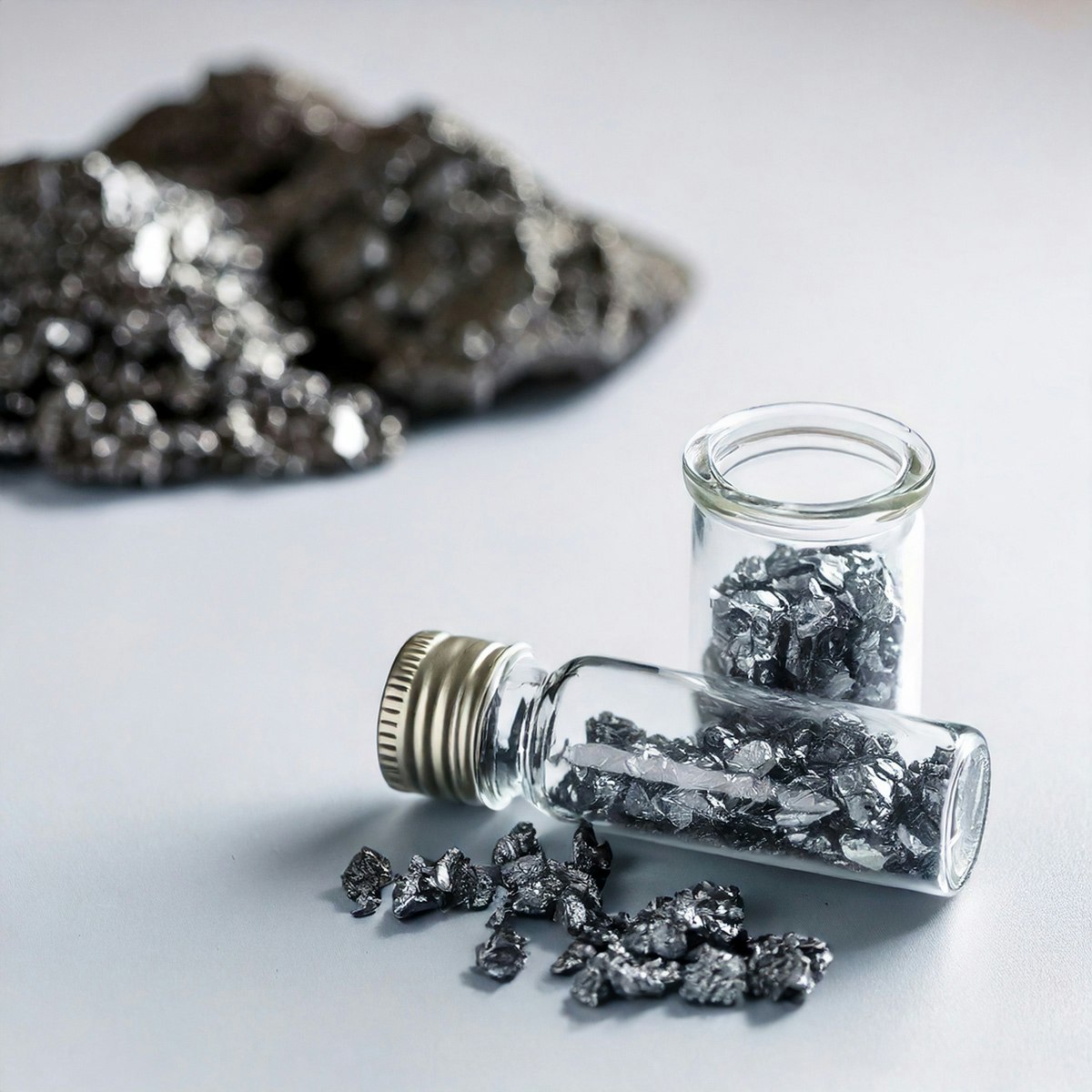 Neben einer kleinen Flasche mit Technologiemetallen ist ein Reagenzglas auf gestellt. Im Hintergrund sieht man kleine Haufen mit fein gemahlenem Technologiemetall. Sparen Sie in Technologiemetalle mit den Sparplänen von Golden Gates.