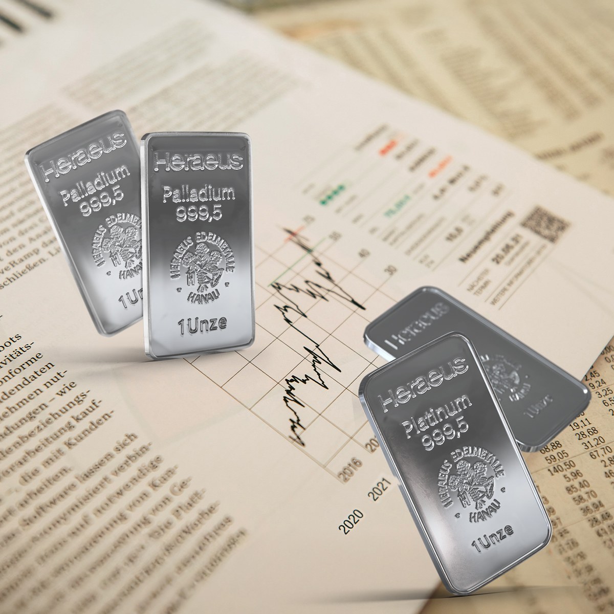 Auf einer Zeitschrift über dem Preisverlauf von Platin und Palladium, liegen je 2 Barren. In Platin und Palladium sparen mit dem Simple Sparplan von Golden Gates.