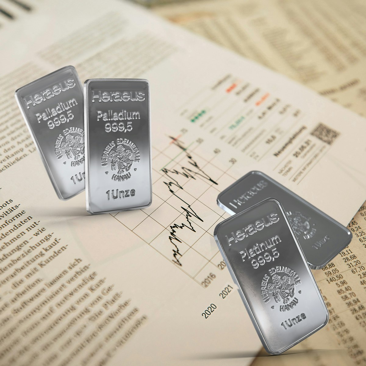 Auf einer Zeitschrift über dem Preisverlauf von Platin und Palladium, liegen je 2 Barren. In Platin und Palladium sparen mit dem Simple Sparplan von Golden Gates.