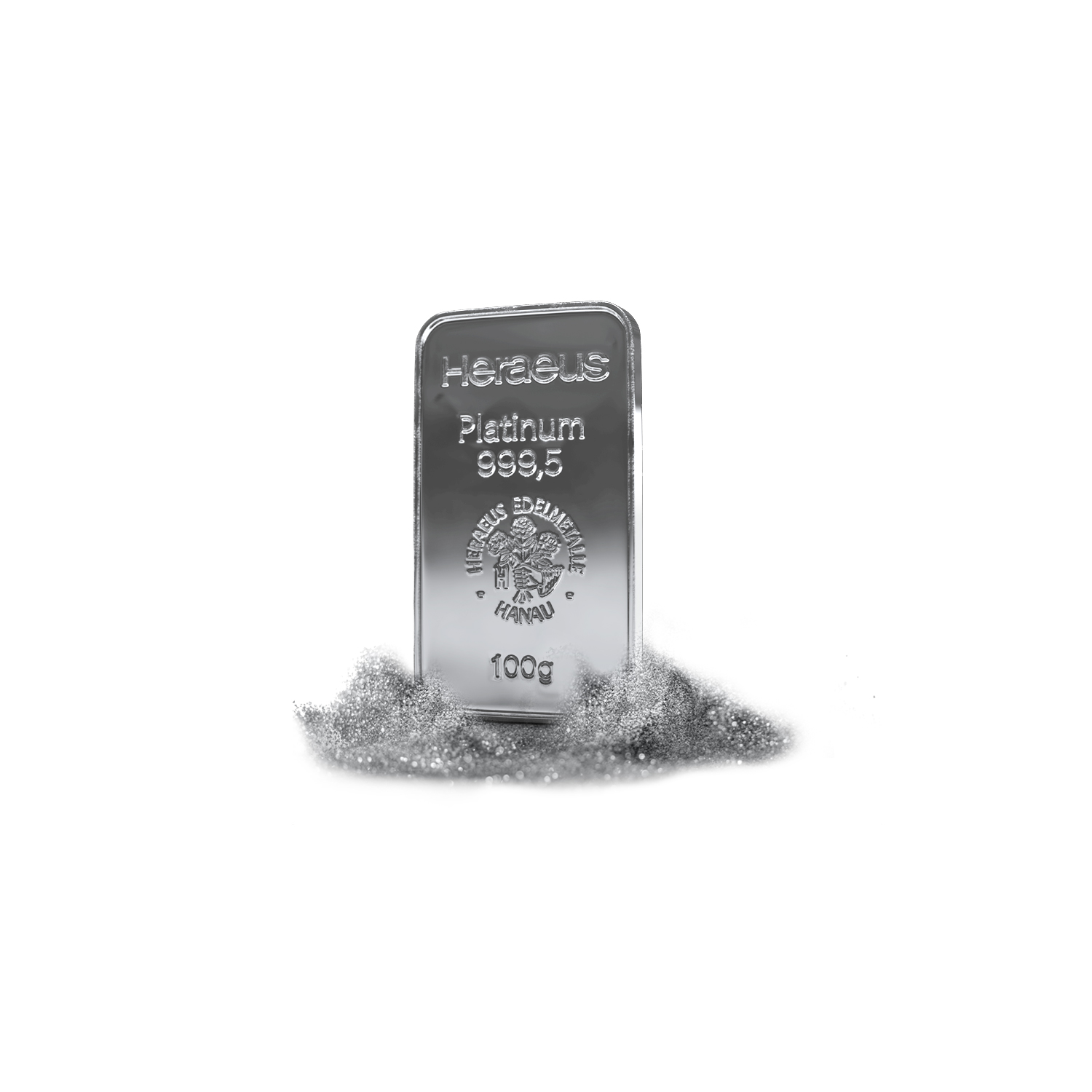 Ein in Silberstaub stehender Platinbarren. Sparen auch Sie in Platin und Palladium mit dem Golden Gates Simple-Sparplan.