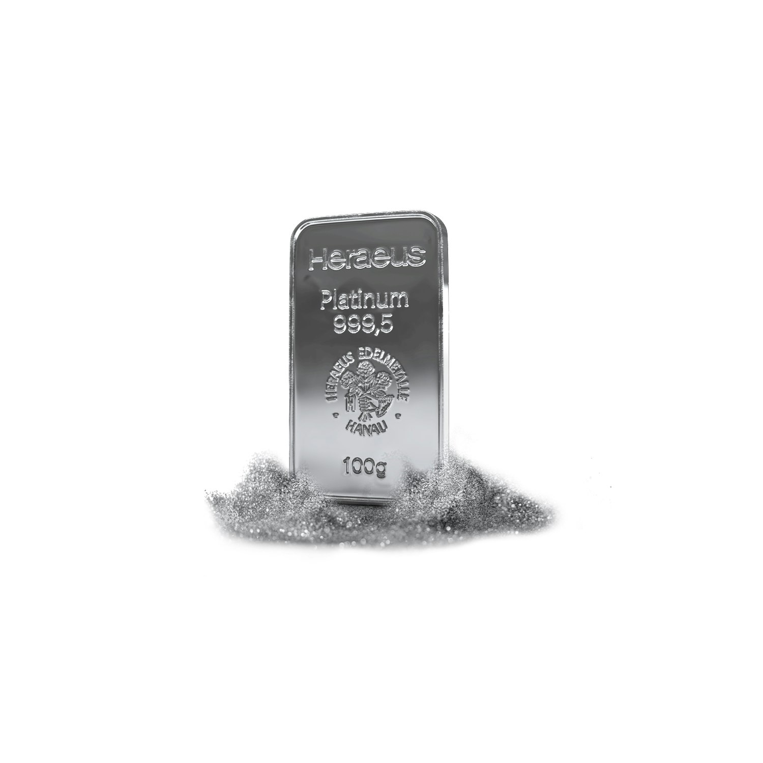 Ein in Silberstaub stehender Platinbarren. Sparen auch Sie in Platin und Palladium mit dem Golden Gates Simple-Sparplan.