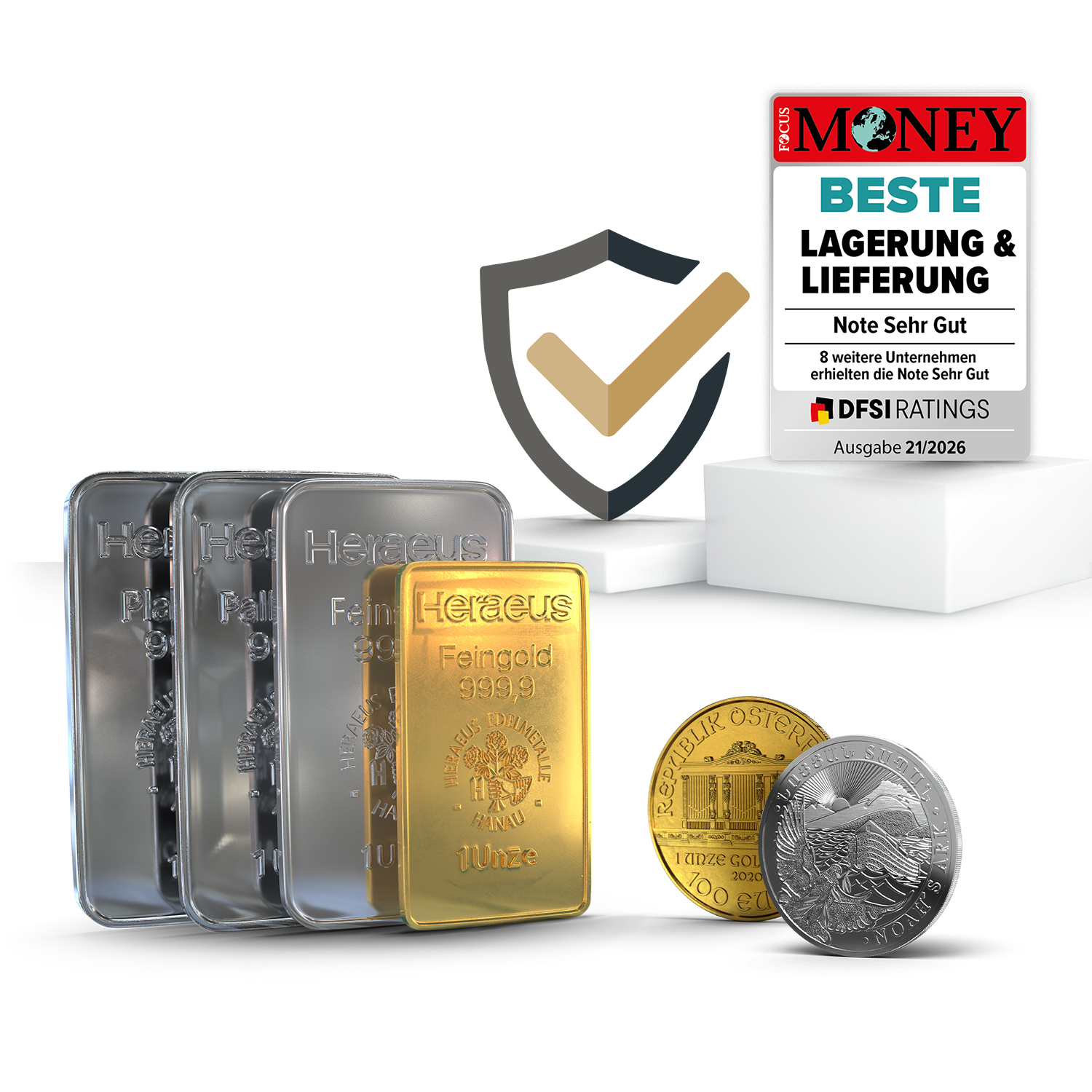 Neben aufgereihten Barren aus Gold, Silber, Platin und Palladium, stehen eine Gold- und eine Silbermünze. Dahinter steht, auf einem Podest die Auszeichnung von Focus Money für Beste Lagerung & Lieferung. Sparen auch Sie in Anlagemetalle mit Golden Gates.