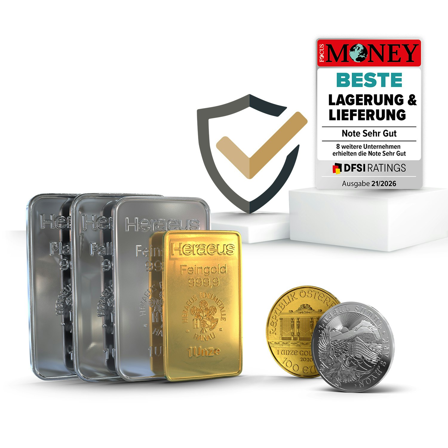 Neben aufgereihten Barren aus Gold, Silber, Platin und Palladium, stehen eine Gold- und eine Silbermünze. Dahinter steht, auf einem Podest die Auszeichnung von Focus Money für Beste Lagerung & Lieferung. Sparen auch Sie in Anlagemetalle mit Golden Gates.