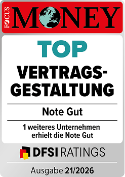 Focus Money 21/2025 Auszeichnung  „Sehr gut“: Beste Vertragsgestaltung